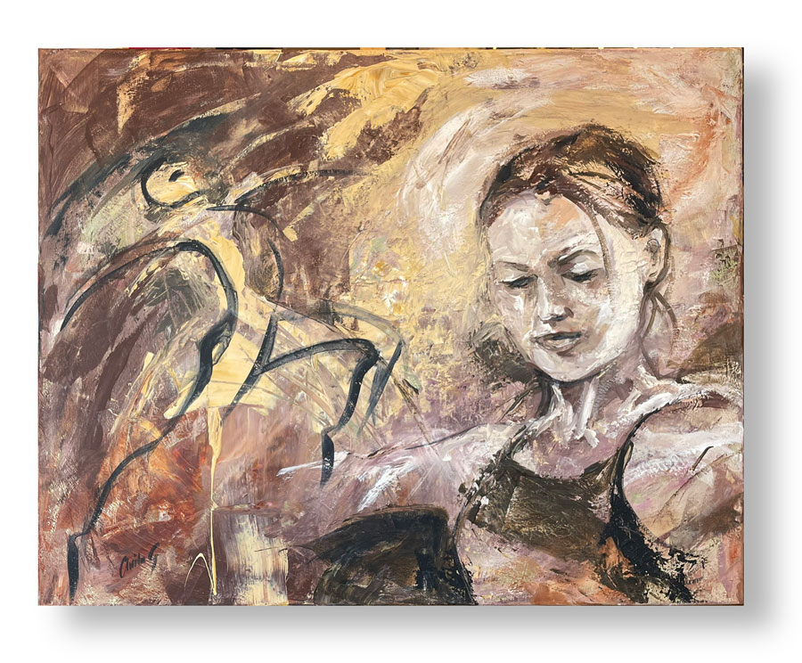 Young dancer, portret jonge danseres en dansschets met acryl/gemengde technieken op linnen formaat 70 x 100 cm