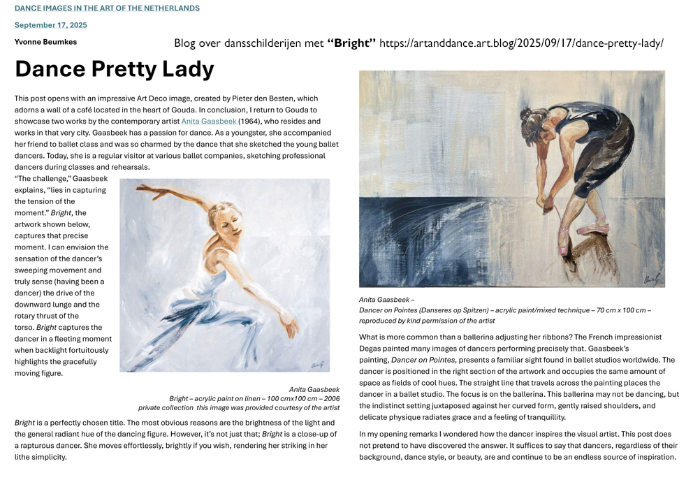 Blog about dancepaintings by Yvonne Beumkes with two dancepantings made by Anita Gaasbeek: Bright and Dancer on pointes