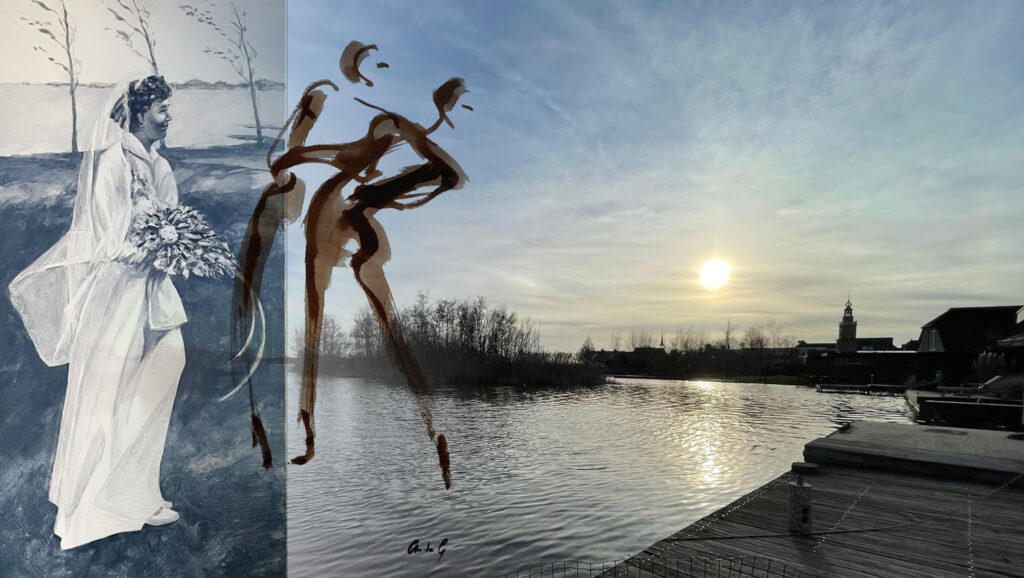 Schilderij van mijn moeder in trouwjurk bij Tijsterman met mijn dansschets en foto van het uitzicht vanuit het huis waar zij geboren is op de Dorpsstraat in Nieuwkoop - Anita Gaasbeek-Ruigrok