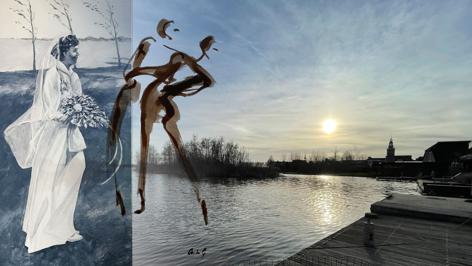 Schilderij van mijn moeder in trouwjurk bij Tijsterman met mijn dansschets en foto van het uitzicht vanuit het huis waar zij geboren is op de Dorpsstraat in Nieuwkoop - Anita Gaasbeek-Ruigrok